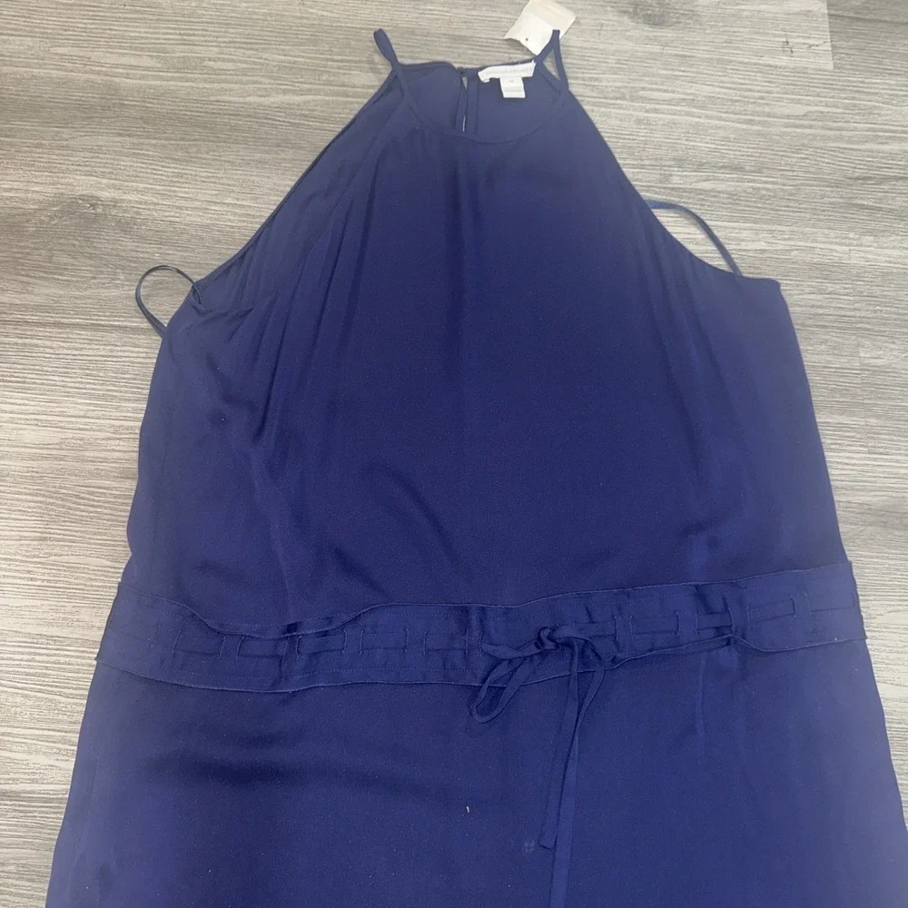 Diane Von Furstenberg Davin Silk Jumpsuit Size 14 Navy Tie Waist Wide Leg Halter